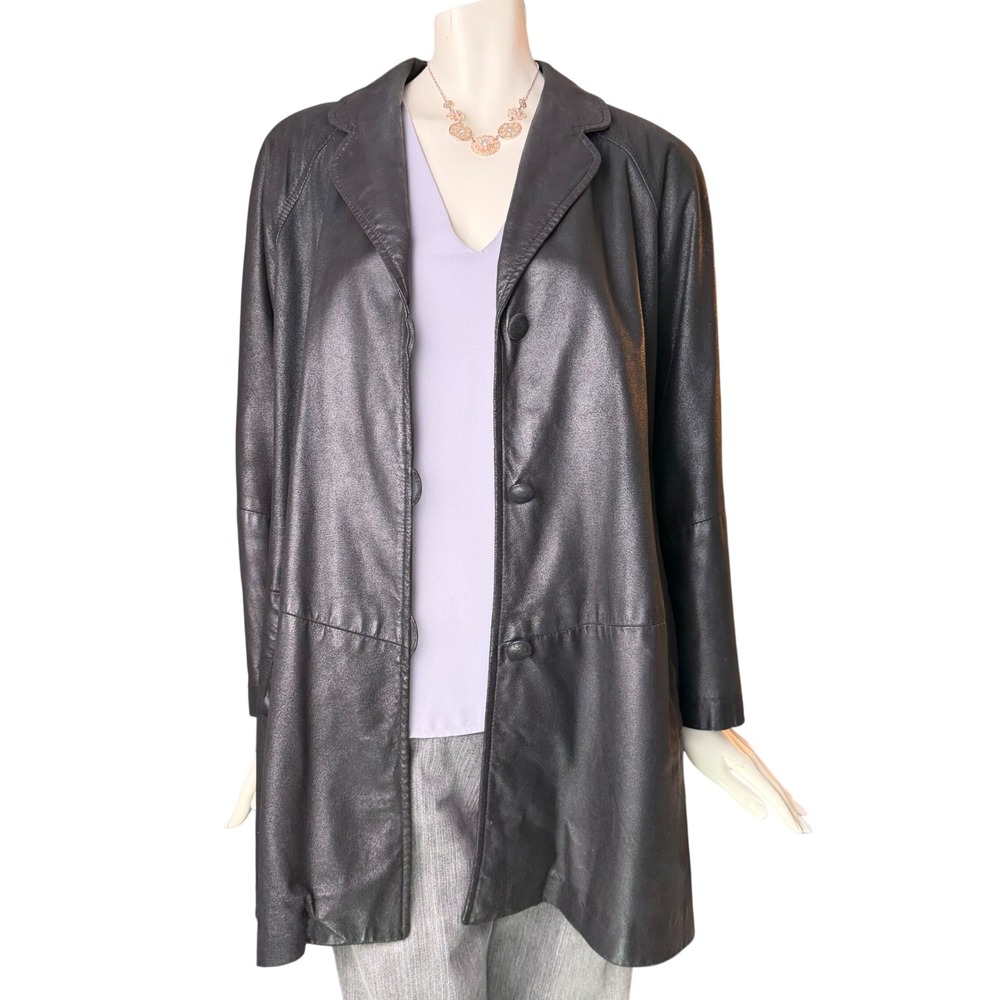 Danier Vintage 90's Leather Jacket Black Oversized Button Front Quiet Luxury L